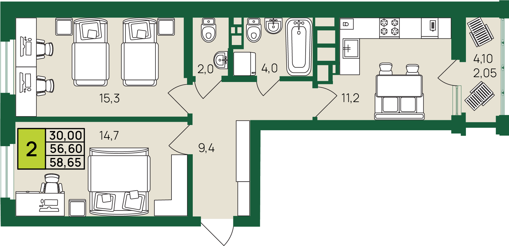 Квартира с 2 спальнями